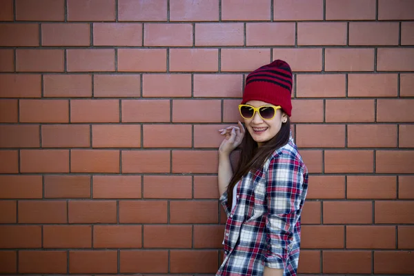 Portrait Asian Hipster Girl Brick Wall Background Lifestyle Thailand People — Stock Photo, Image