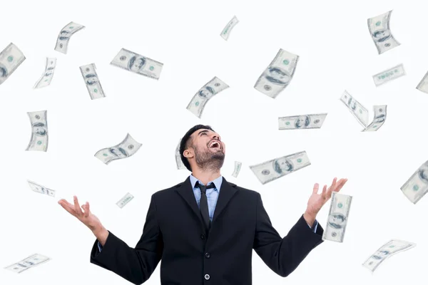 Homem Negócios Feliz Com Monte Dinheiro Dólar — Fotografia de Stock