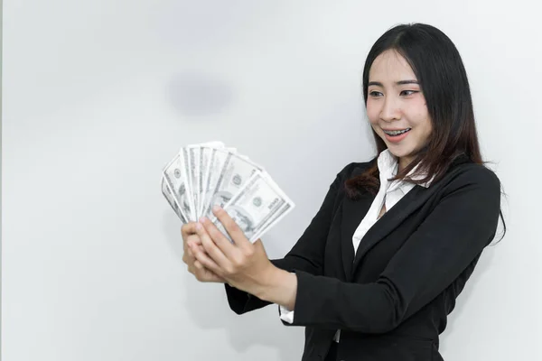 Hombre Negocios Feliz Con Mucho Dinero Dólares Mano Sobre Fondo — Foto de Stock