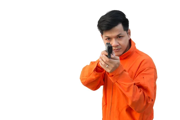 Bandit Gun Hand White Background Thailand People Prisoner Concept — Stock Photo, Image