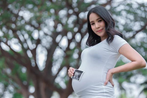 アジアの肖像公園で美しい妊婦 タイの人々 幸せな女性の概念 彼女の使用手タッチ彼女の腹 超音波フィルムを表示します — ストック写真