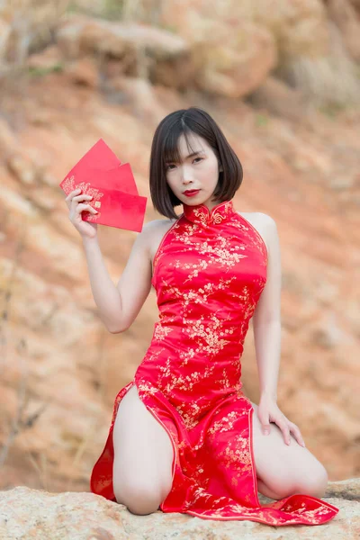 Portrait Beautiful Asian Sexy Woman Cheongsam Dress Thailand People Happy — Stock Photo, Image