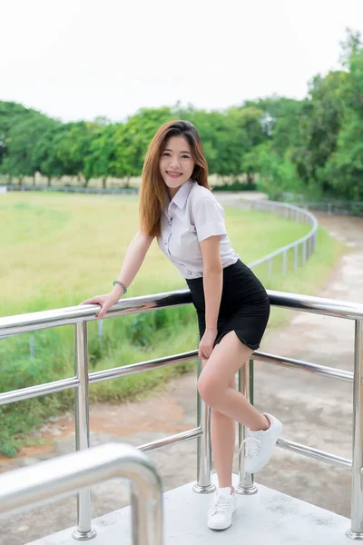 Portrait Beautiful Thai Student Cute Asian Girl Outdoors Thailand People — Stok Foto
