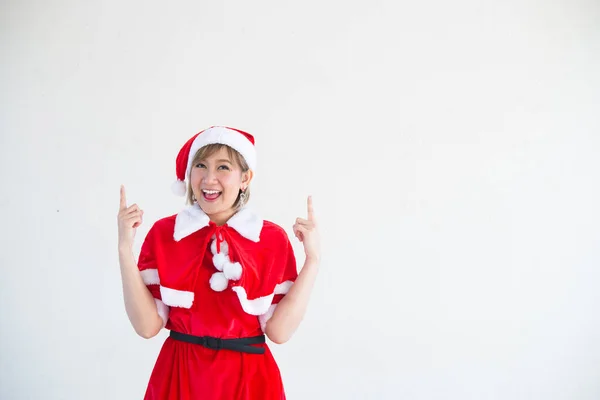 Bella Giovane Donna Asiatica Vestiti Babbo Natale Sfondo Bianco — Foto Stock