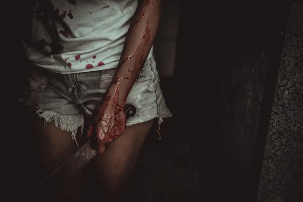 Beautiful Asian Woman Murder Crime Concept Blood Body Horror Scene — Stock Photo, Image