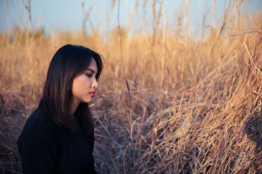 Tarlada yapayalnız bir kadının portresi. Klasik filtre stili. Aşktan kalbi kırık, günbatımı tarzında üzgün kız konsepti.