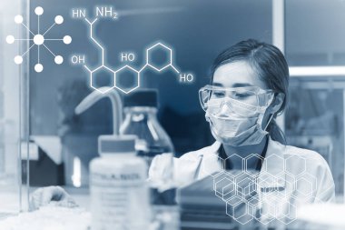 Laboratuvarda çalışan Asyalı bilim adamı, Taylandlı insanlar, deneysel bilim ve değeri hesaplayan araştırmacılar deneyin sonuçlarını bulmak için araştırma yapıyorlar..