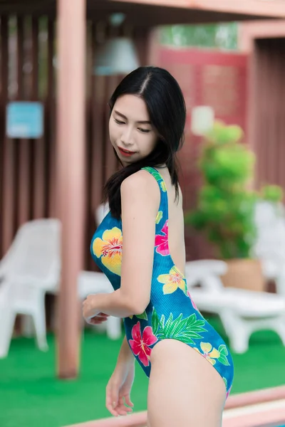 Portrait Asian Sexy Woman Swimming Pool Thailand Has Slim Body — Stock Photo, Image
