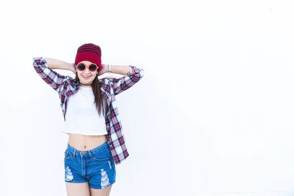 Portrait Beautiful Asian Hipster Girl White Wall Background — Stock Photo, Image