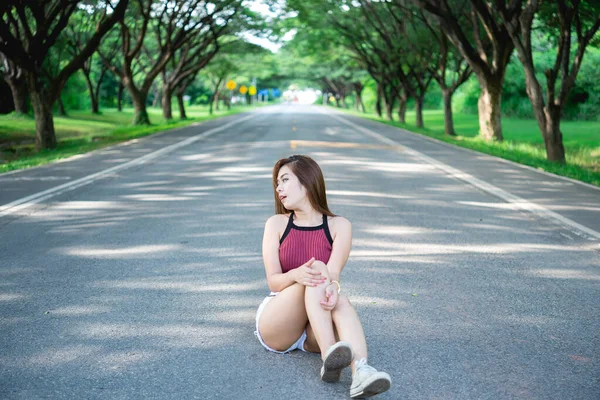 Portrait Asian Young Girl Sit Road Tunnel Trees Beautiful Thai — 图库照片