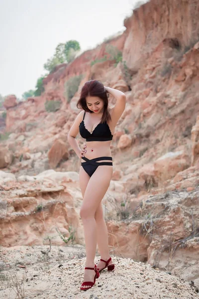 Portret Van Mooie Sexy Vrouw Dragen Bikini Het Veld Avond — Stockfoto
