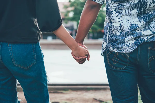 Closeup Loving Couple Holding Hands Vintage Style Happy Valentines Day — Stock Photo, Image