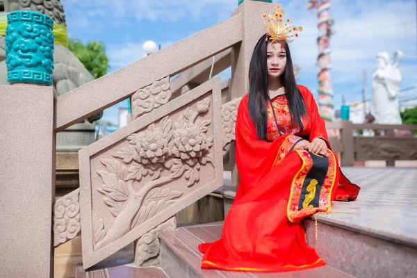 Portrait Beautiful Asian Woman Wear Ancient Chinese Dress Style Thailand — Stock Photo, Image
