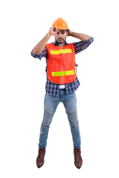Trabalhador Construção Civil Vestindo Colete Segurança Isolado Branco Sorriso Engenheiro — Fotografia de Stock