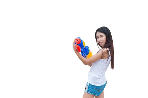 Donna Asiatica Con Pistola Acqua Mano Sfondo Bianco Festival Songkran — Foto Stock