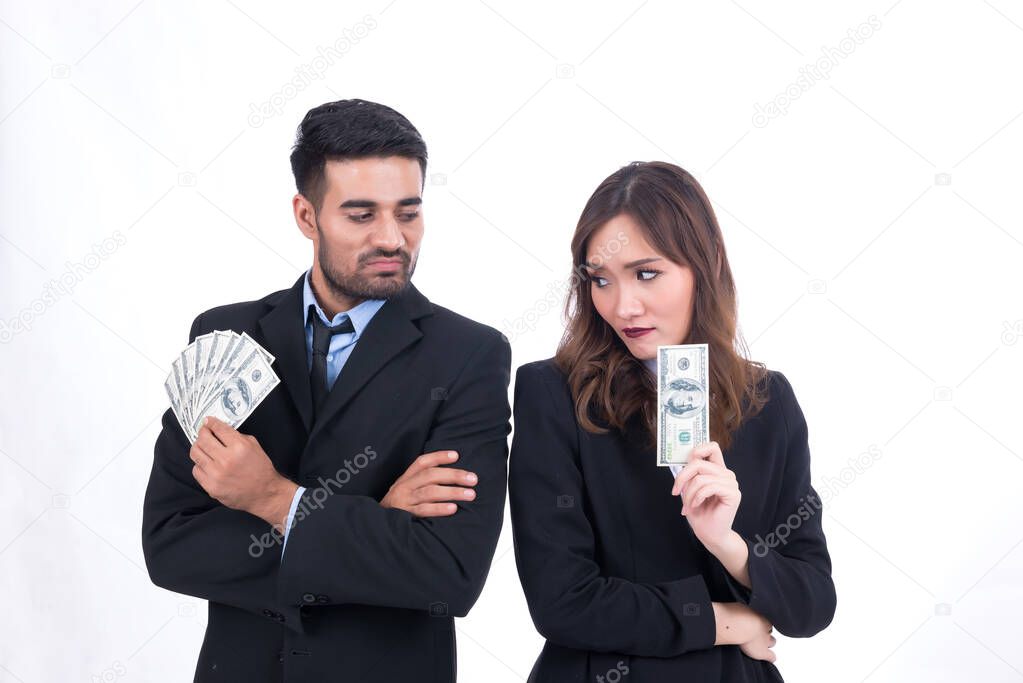 Happy business man with a lot of dollar money in hand on white background,One banknote in her hand,A man has a lot of money than woman,Women jealous men because they have more money.