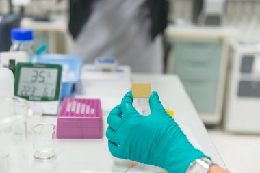 Bilim adamı deney için örnek hazırlıyor, teçhizatın test öncesi kontrol listesi, seçici odaklanma