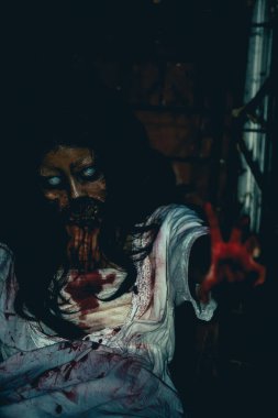 Asyalı kadın portresi hayalet yüzü, korku sahnesi, korkunç arka plan, Cadılar Bayramı posteri.