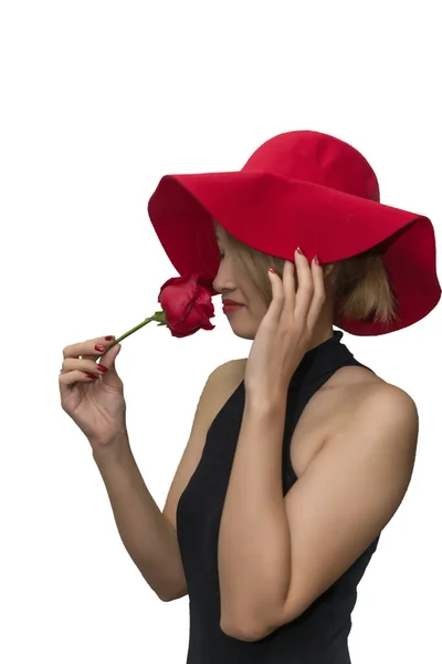Mulher Asiática Usar Chapéu Vermelho Com Rosa Vermelha Mão Isolar — Fotografia de Stock