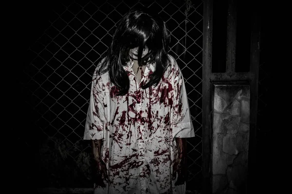 Portrait Asian Woman Make Ghost Face Horror Scene Scary Background — Stock Photo, Image