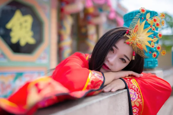Portrait Beautiful Asian Woman Wear Ancient Chinese Dress Style Thailand — Stok Foto