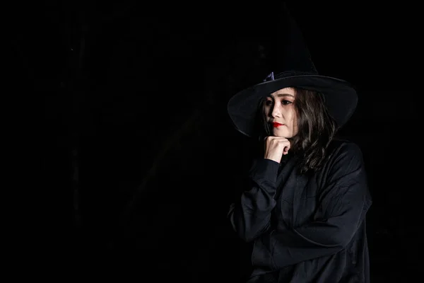 Portrait Beautiful Asian Woman Wear Witch Costume Black Background Thailand — ストック写真