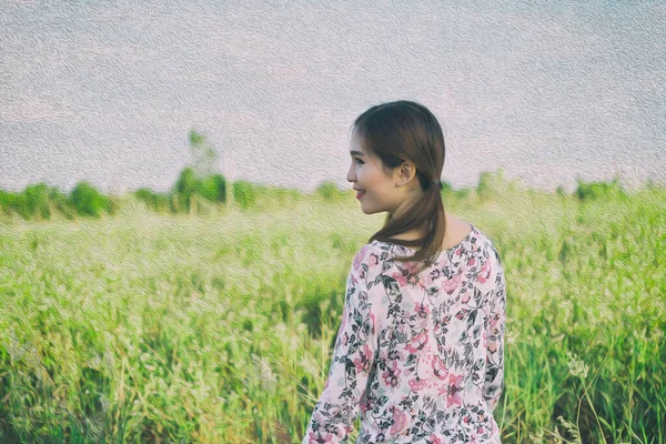 Schöne Asiatische Frau Halten Grasblume Auf Den Feldern Mit Hellem — Stockfoto