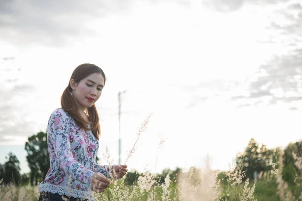 Schöne Asiatische Frau Hält Grasblume Auf Dem Feld Abend — Stockfoto