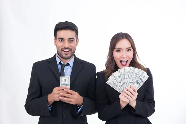 Empresário Feliz Com Monte Dinheiro Dólar Mão Fundo Branco Casal — Fotografia de Stock