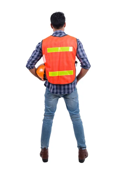 Trabalhador Construção Civil Vestindo Colete Segurança Isolado Branco Sorriso Engenheiro — Fotografia de Stock