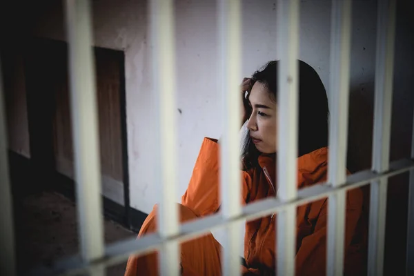 Portrait Woman Desperate Catch Iron Prison Prisoner Concept — Stock Photo, Image