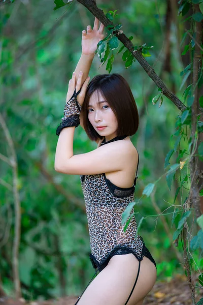 Portrait Asian Atraktive Woman Wear Tiger Dress Forest Thailand — Stok Foto