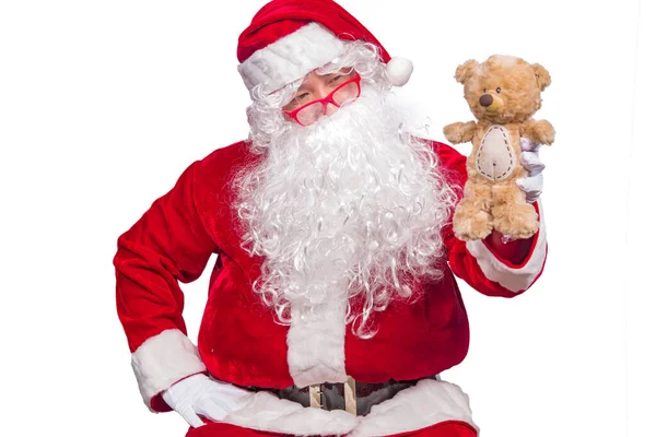 Retrato Santa Claus Com Ursinho Pelúcia Boneca Fundo Branco — Fotografia de Stock