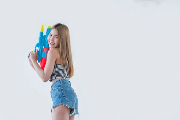 Asian Beautiful Woman Gun Water Hand White Background Festival Songkran — Stockfoto