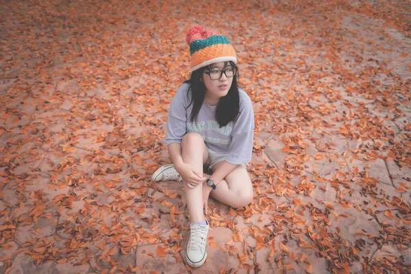 Sweet Girl Sit Floor Have Lot Leafs Hipster Girl Sad — Stock Photo, Image