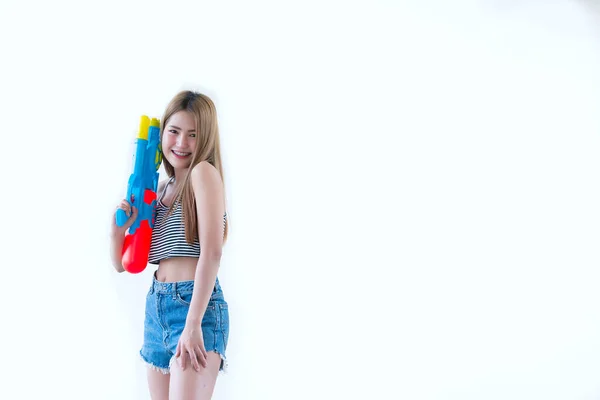 Asian Beautiful Woman Gun Water Hand White Background Festival Songkran — Stockfoto