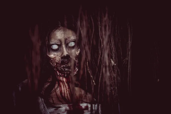 Portrait Asian Woman Make Ghost Face Blood Horror Scene Scary — Stock Photo, Image