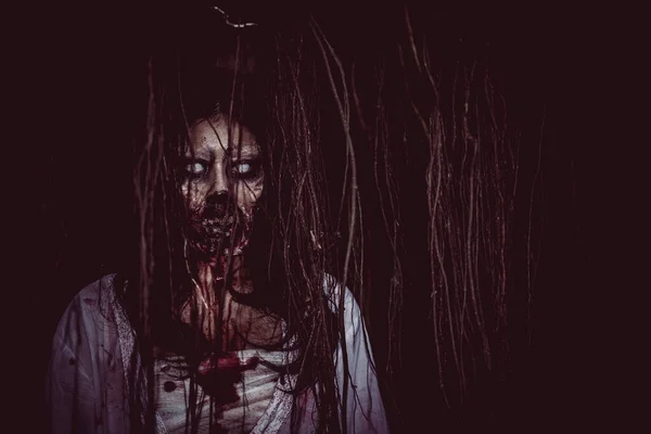 Portrait Asian Woman Make Ghost Face Blood Horror Scene Scary — Stock Photo, Image