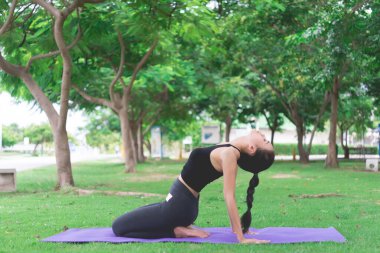 Sıska kız parkın çimlerinde yoga yapıyor, doğal olarak rahatlıyor, Asyalı kızlar yoga yapmaya bayılıyor.