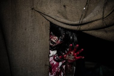 Asyalı kadın portresi hayalet yüzü, korku sahnesi, korkunç arka plan, Cadılar Bayramı posteri.