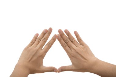 Kapalı el, beyaz arkaplanda şekil üçgeni izole et