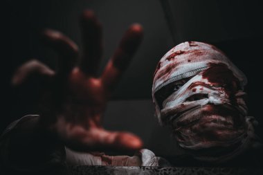 Asyalı kadın portresi hayalet yüzü, korku sahnesi, korkunç arka plan, Cadılar Bayramı posteri.