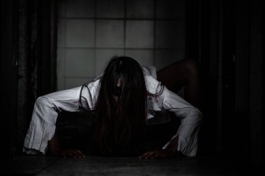 Asyalı kadın portresi kanla, korku sahnesiyle, korkunç geçmişiyle, Cadılar Bayramı posteriyle, Taylandlı insanlarla dolu.