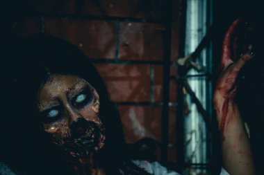 Asyalı kadın portresi hayalet yüzü, korku sahnesi, korkunç arka plan, Cadılar Bayramı posteri.