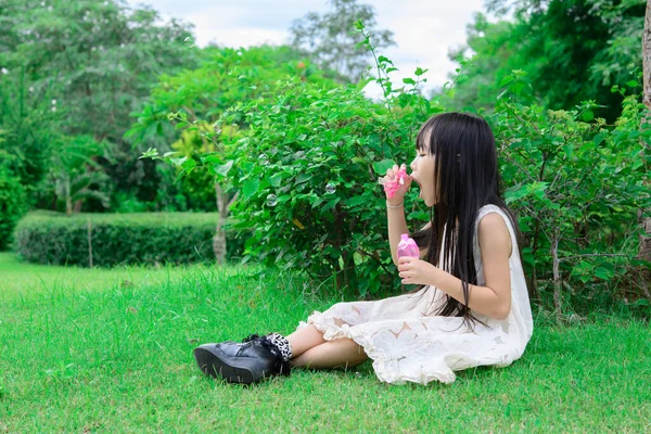 Lindo Poco Asiático Chica Jugando Con Jabón Burbujas —  Fotos de Stock