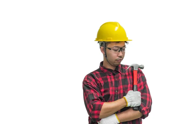 Técnico Usar Capacete Com Chave Mão Isolar Fundo Branco Pessoas — Fotografia de Stock