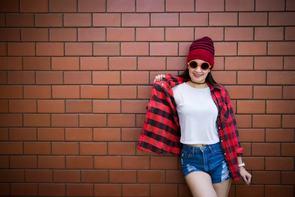 Portrait Asian Hipster Girl Brick Wall Background Lifestyle Thailand People — Stock Photo, Image