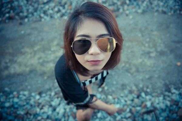 Portrait Asian Hipster Girl Wear Sunglass Rail Way Top Angle — Stok Foto