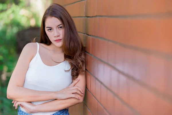 Portrait Beautiful Asian Woman Posing Brick Wall Lifestyle Teen Thailand — Stock Photo, Image