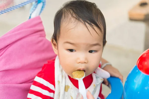 Cute Asian Baby Girl Eatting Rice Mom Thailand People Time — Stock Photo, Image